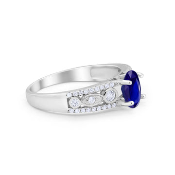 Art Deco Wedding Ring Oval Simulated Blue Sapphire CZ 925 Sterling Silver